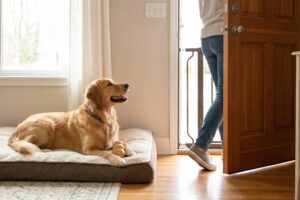 Lerne, wie dein Hund ganz ohne Stress & Frust entspannt alleine bleibt. Schritt-für-Schritt-Anleitung für einen ruhigen Alltag!